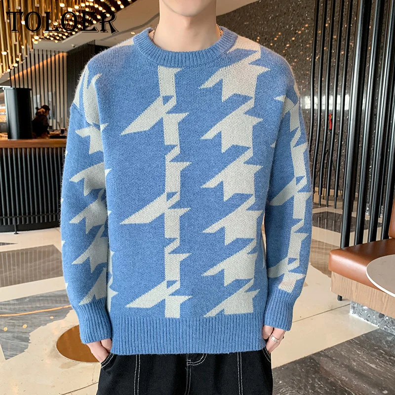 

Sweater Mens Harajuku Fashion Knitted Hip Hop Streetwear Geometric Patterns Pullovers O-neck Oversize Casual Male Soft Sweaters