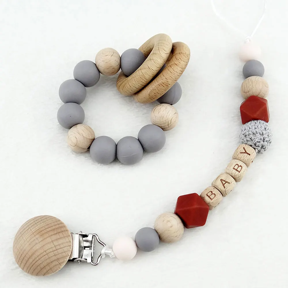 

Персонализированные именные зажимы для соски, детский пищевой силиконовый прорезыватель, деревянная подвесная цепь, поводок, детское пита...