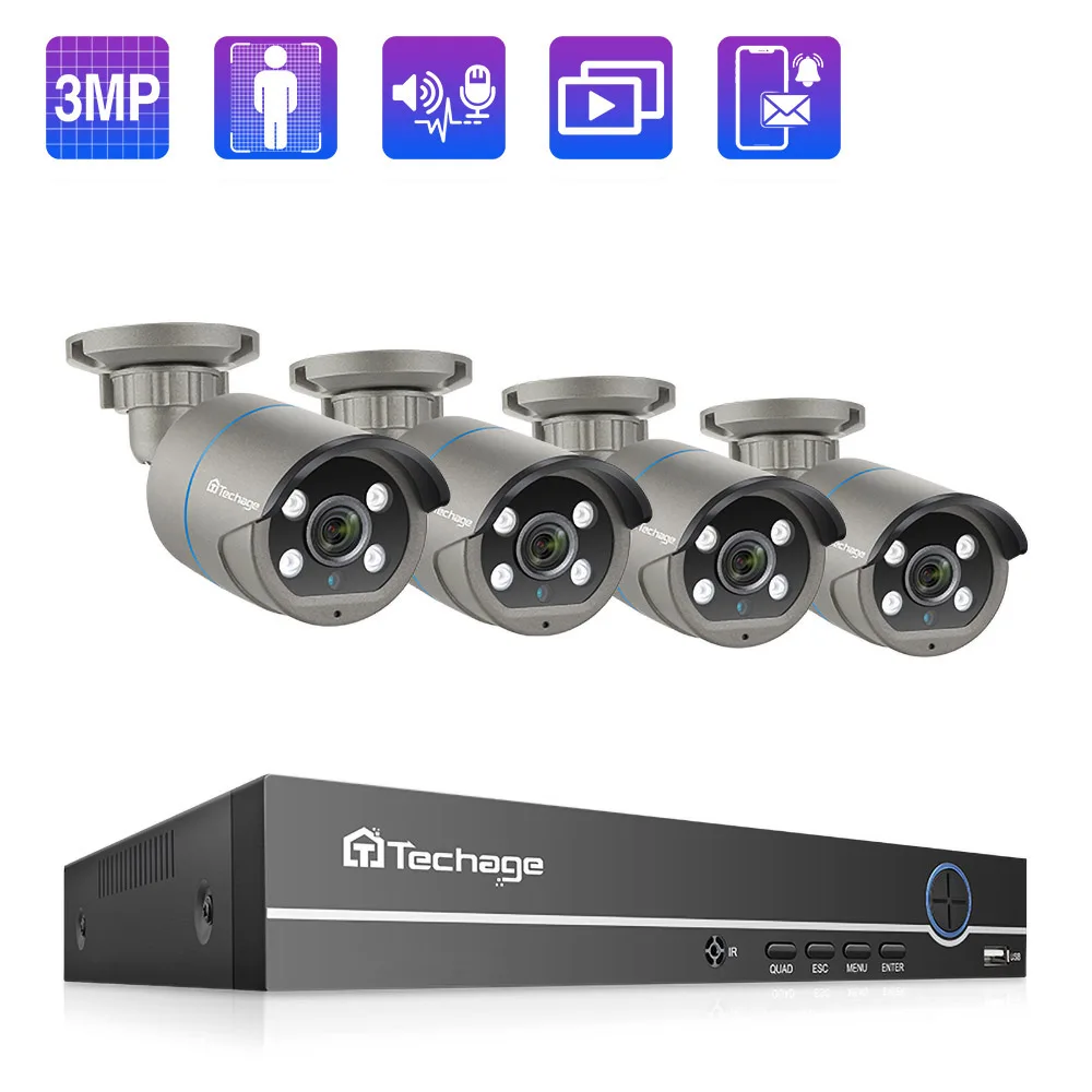 Система видеонаблюдения Techage 8 каналов 3 Мп POE двустороннее аудио ИК вырез уличная