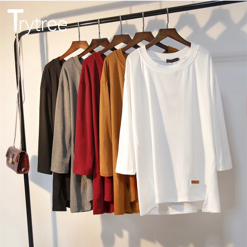 Осенняя Повседневная Женская Однотонная футболка Trytree 2020 из хлопка и полиэстера