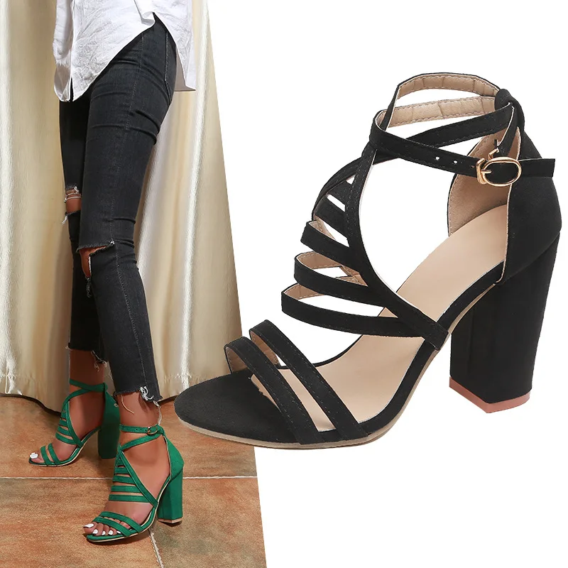 

2021 Summer New Women Sandals Large Size Thick Heel Fashion Straps Leaking Toe Slip Black Green Female igh-Heeled Sandals