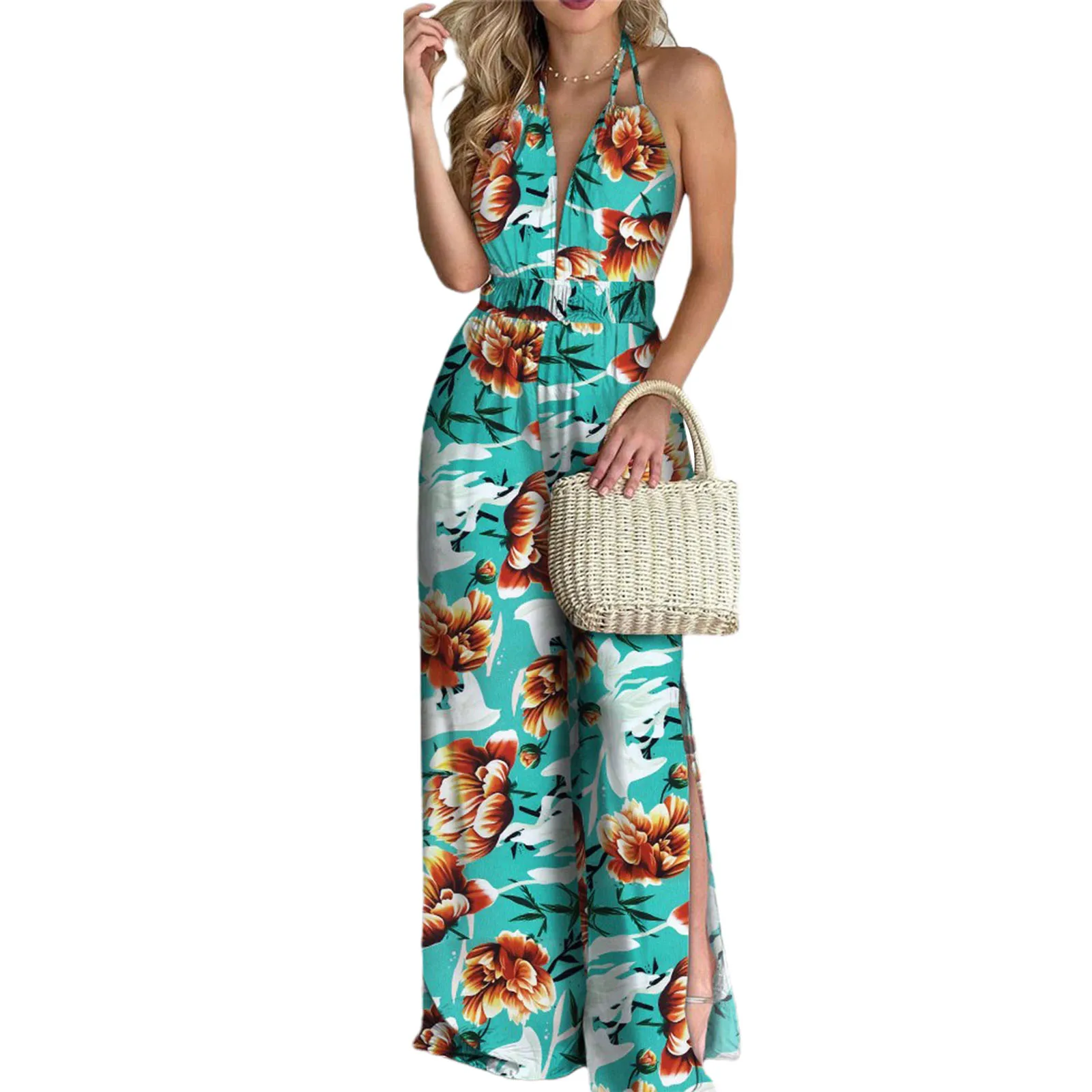 

Sexy Women Floral Print Long Romper Sleeveless Deep V-neck Backless Lace-up Jumpsuit Halter Summer Holiday Split Pants Jumpsuits