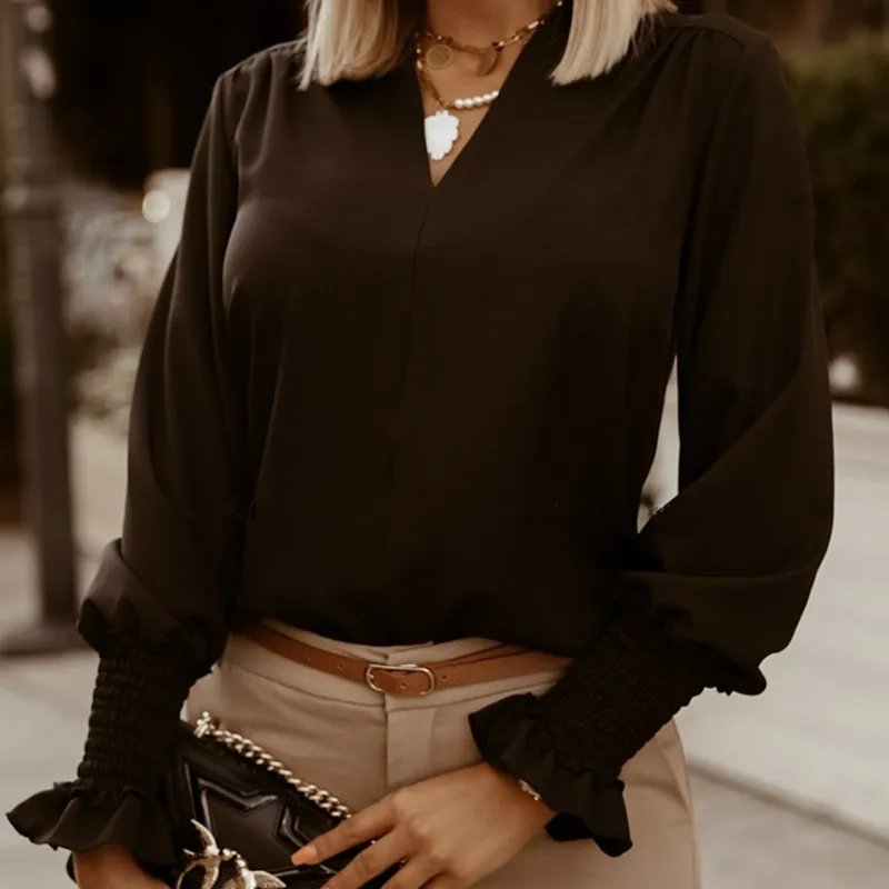 Модные Повседневные однотонные женские офисные блузки с длинным рукавом и V