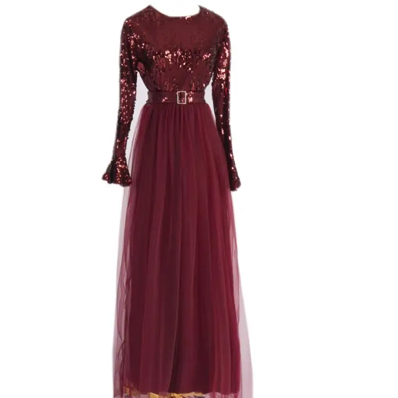 Red dress Muslim Dress Sequin Abaya Dubai Abayas For Women Hijab Dress Kaftan Caftan Turkish Dresses Evening Robe Islamic Clothing Kleding - Цвет: Red dress