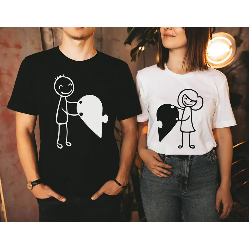 

Puzzle Heart Unisex TShirt Harajuku Couples Love Shirts Boyfriend Girlfriend Matching Outfits Hand-Paint Pattern Valentine Gift