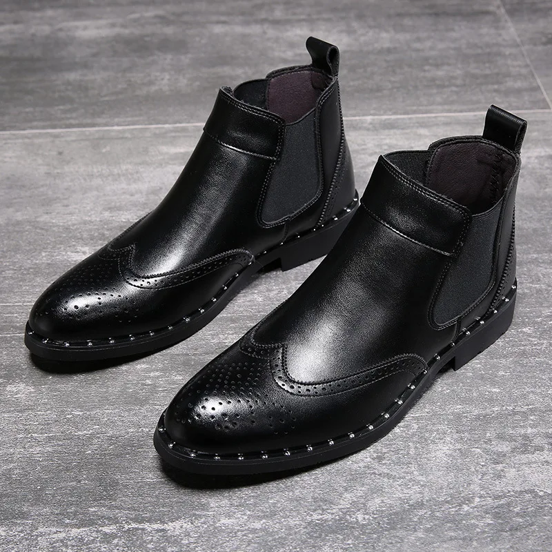 

men luxury fashion wedding party dresses chelsea boots carved brogue shoes black brown ankle boot cow leather botas masculinas