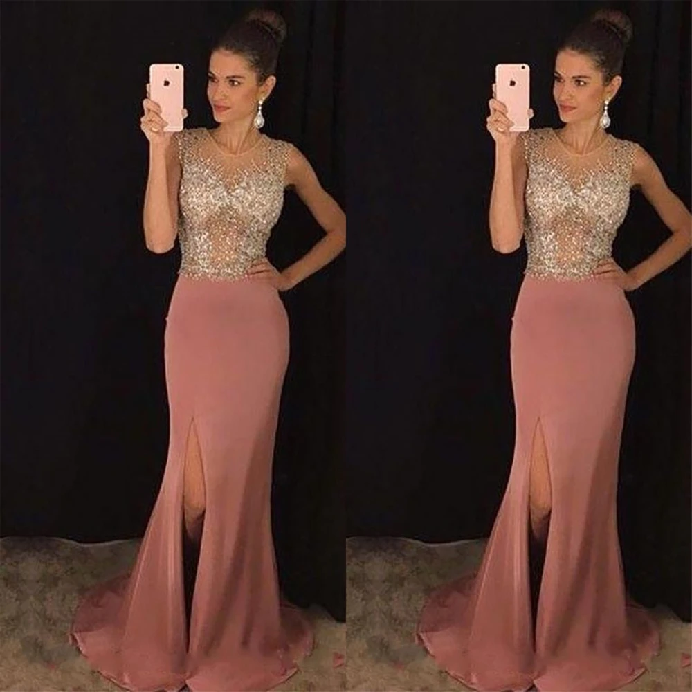 

O-Neck Formal Dresses Sleeveless NONE Train Prom Party Gown Beaded Crystal Elastic Satin Evening Dress Thigh-High Slits Mermaid