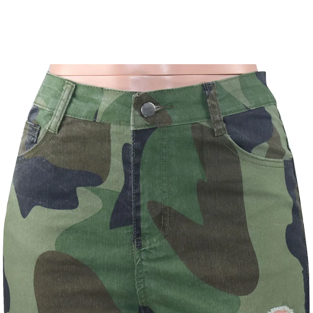 

Ophestin Jean for Women Plus Size High Waist Denim Bell Bottom Distressed Ripped Camouflage Print Hole Button Buttoned Pants