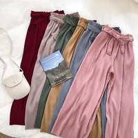 women chic wide leg pants elastic high waist loose casual straight ankle length long trousers