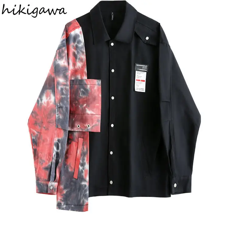 

Hikigawa Blouses Women Loose Tie-dye Tops Irregular Shirts Patchwork Contrast Color Chic Blouse BF Streetwear Blusas Mujer