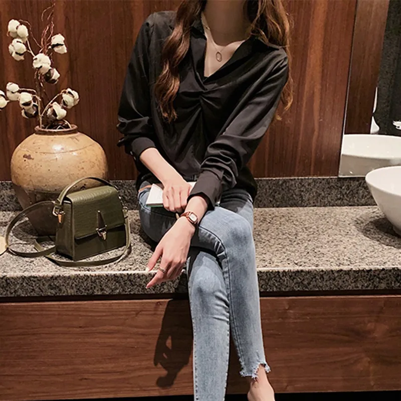 

Women's Fashion Cross Twist Knot Decoration Ladies V Neck White Solid Color Blouses Spring Autumn Full Long Sleeve Blouse