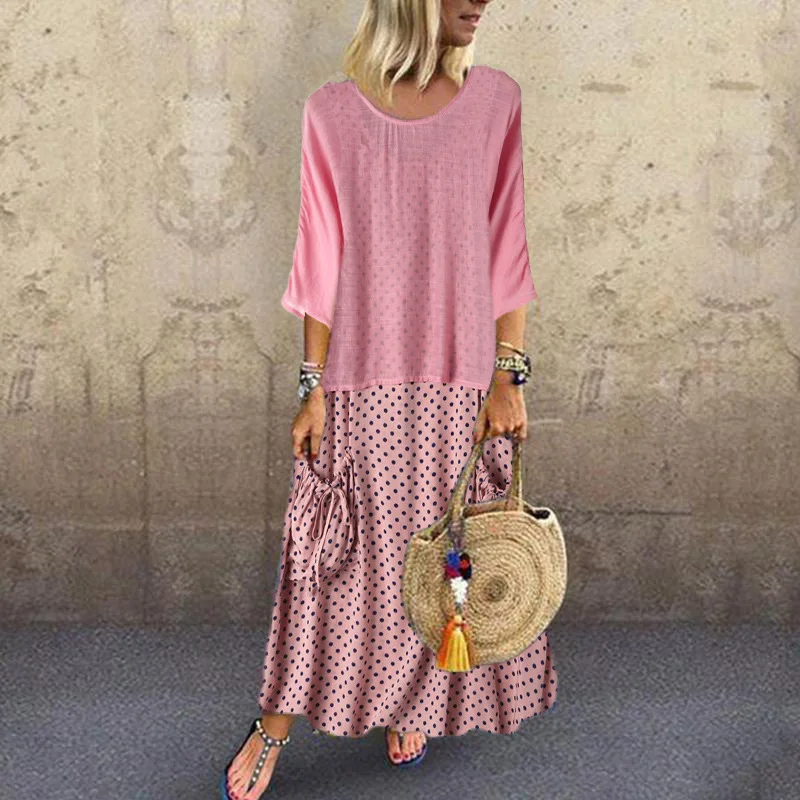 Женское платье в горошек с круглым вырезом и рукавом до локтя | Женская одежда