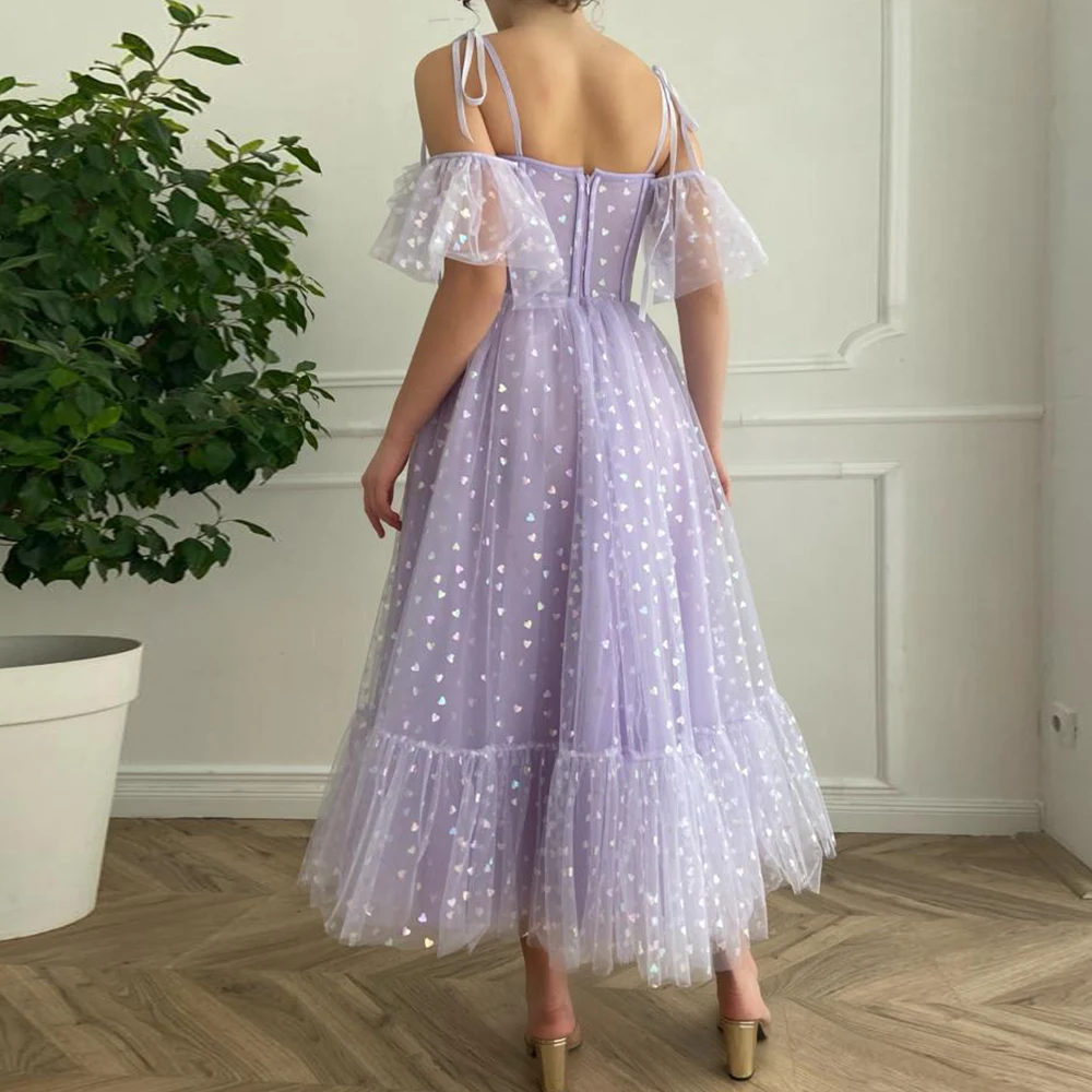 

2021 New Lavender Tulle Heart A Line Prom Dresses Off the Shoulder Spaghetti Straps Ankle Length Formal Party Gown