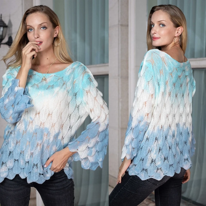 

Женский вязаный свитер с длинным рукавом-клеш, повседневный пуловер с круглым вырезом и перьями, свободный джемпер в уличном стиле