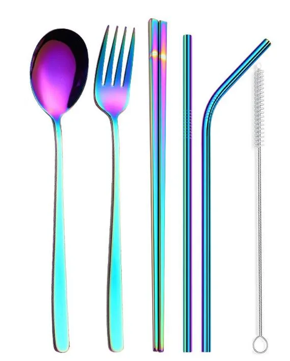 color set Лидер продаж, набор посуды 5 шт./компл. многоразовые Нержавеющая сталь комплект переносной посуды с Ложка Вилка Набор ножей и Чистящая Щетка - Цвет: color set