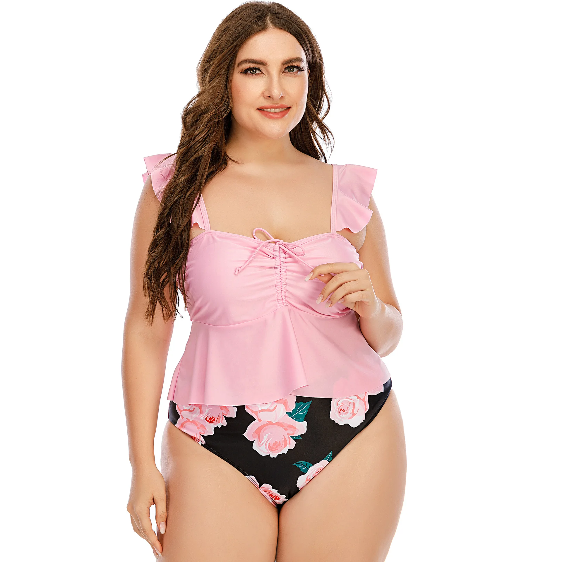 

Luren Plus Size Swimwear Pink Flying Sweet Swimsuit Printed Split Swimming Trunks 5XL 2 Piece Set Women