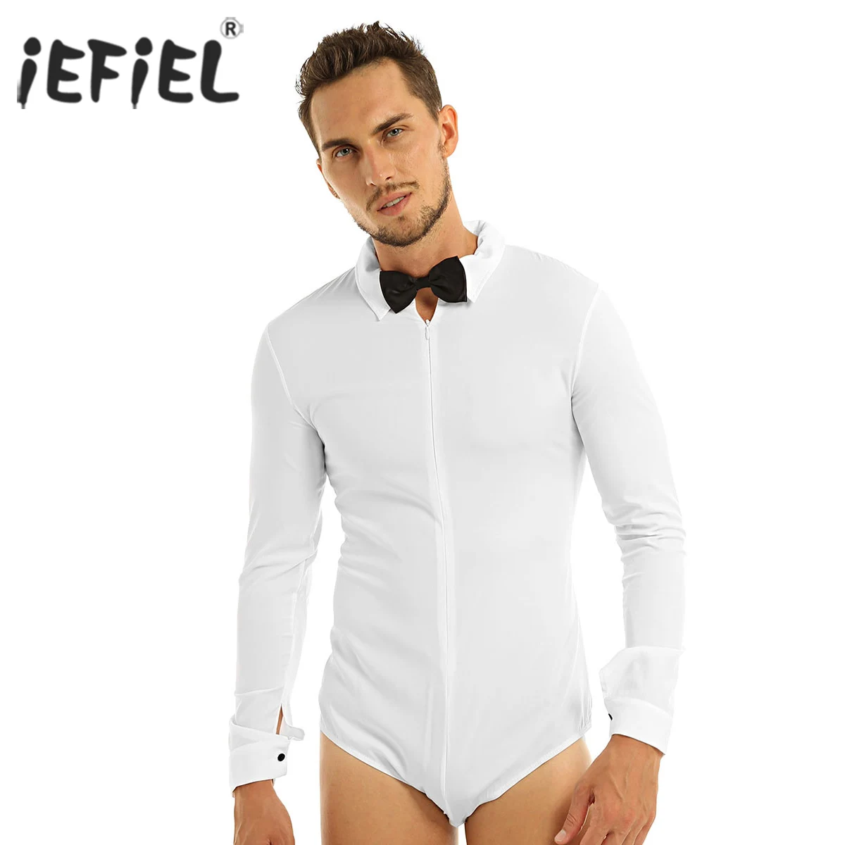 iEFiEL Mens Dancing Clubwear Costumes Mens Body Suit Zipper Solid Latin Modern Dance Shirt with Bowtie Romper Ballroom Shirt