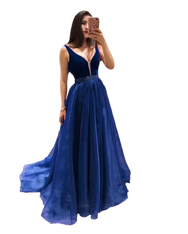 Royal Blue HONGFUYU сексуальное платье с v-образным вырезом для выпускного вечера длинное платье De Soiree Вечернее Платье бордовое атласное ТРАПЕЦИЕВИДНОЕ платье для особых случаев для свадьбы - Цвет: Royal Blue