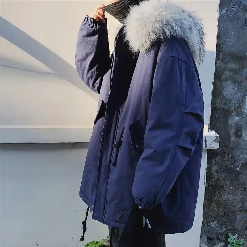 

Мужская зимняя куртка с капюшоном и меховым воротником, однотонная Новая Модная хлопковая куртка на шнурке, мужское свободное повседневное...