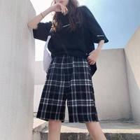 shorts women summer black plaid cotton loose korean style summer high waist harajuku simple oversize trousers female shorts