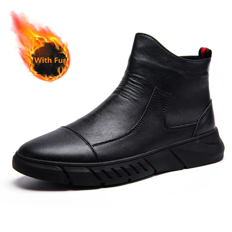 Мужские повседневные кожаные ботинки зимние на платформе Нескользящие с мехом