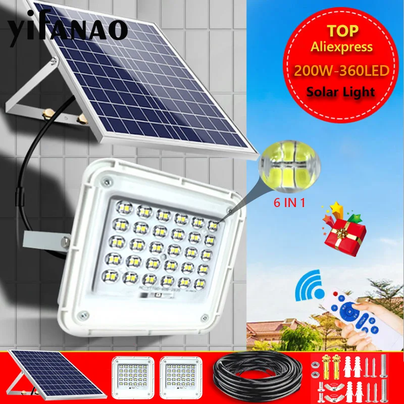 200W 360LED Solar Flood Lights Outdoor with Remote Auto On/Off Dusk to Dawn Waterproof Solar Security Lighting for Yard Garden