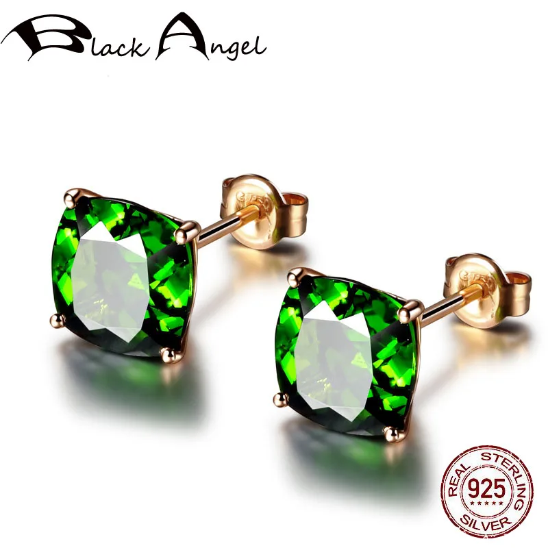 Женские серьги гвоздики из серебра 925 пробы с изумрудами 7 х7 мм|Серьги-гвоздики| |