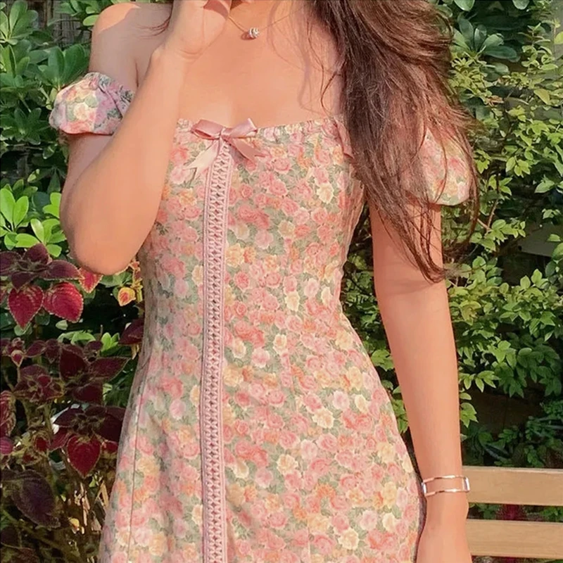 

Summer Sexy Floral Mini Dress Women Elegant Korean Sweet Cute Designer Dress Female Casual High Street Bandage Beach Dress 2021