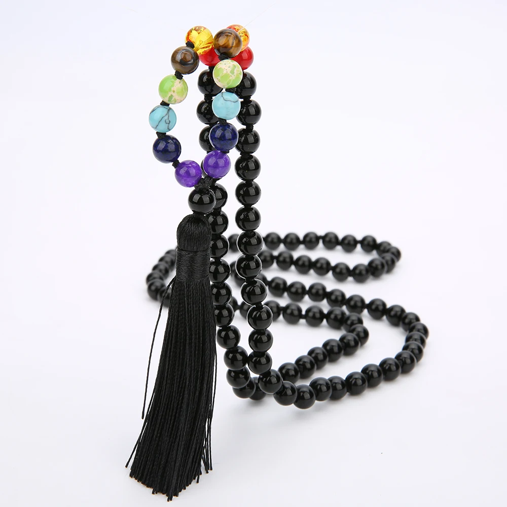 

Black Onyx 7 Chakra 108 Mala Beaded Knotted Necklace Meditation Yoga Blessing Jewelry Tassel Semi-Precious Stone Japamala
