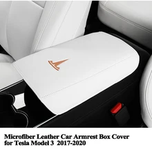 1pc Styling Leather Car Armrest Box Cover Cushion Pad Logo Decoration Protector Car Accessories for Tesla Model 3 year 2017-2020