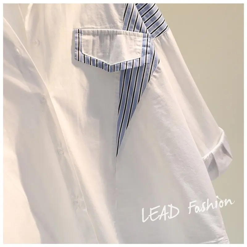 

Vertical stripes stitching white cotton shirt women's spring 2021 new Korean loose fake two-piece shirt tops chemise femme