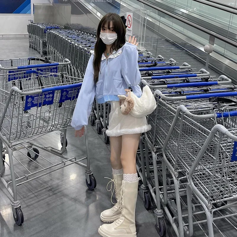 

2021 Sweet Short Navy Collar Cardigan Sweatshirt Japanese Women Autumn Kawaii Zip Up Lolita Sweatshirt Soft Girl Cute Y2K Hoodie