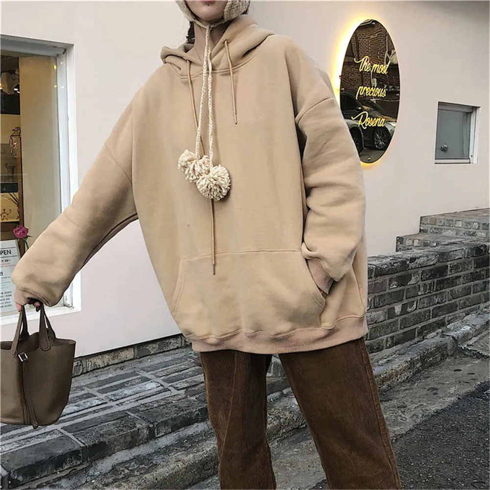 

Korean Style Hoodies Women Solid Front Pocket Hooded Sweatshirt Thicken Fleece Boyfriend Style Oversized Hoodies