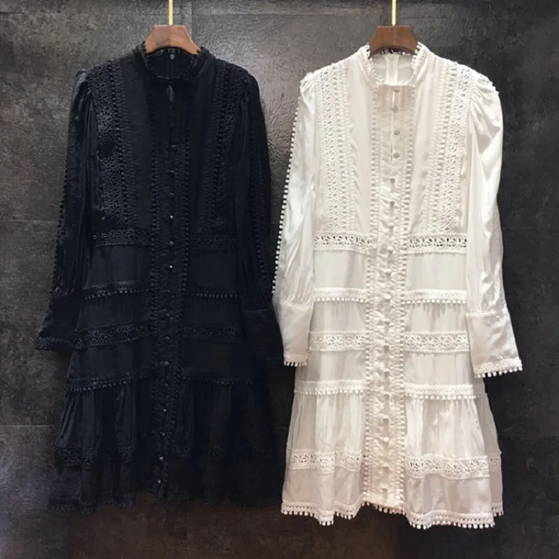 

Party Sexy Tassel Dresses 2021 Autumn Fashion Women Hollow Out Lace Embroidery Vintage Buttons Long Sleeve White Black Dress