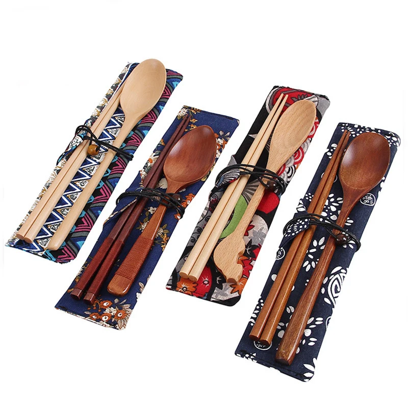 Набор деревянных столовых приборов с тканевой сумкой портативный набор палочек