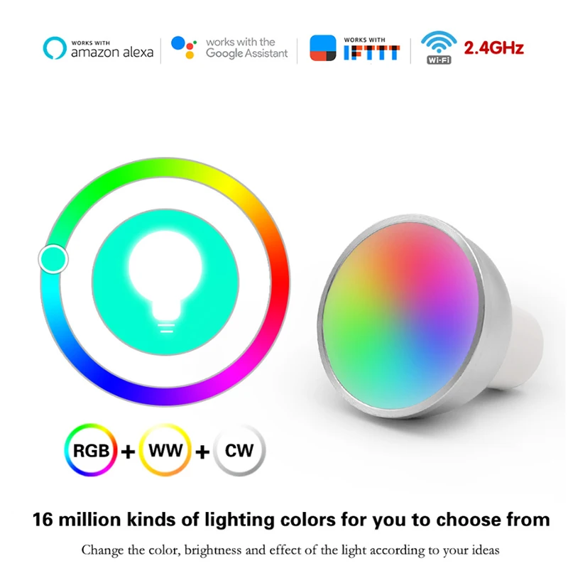 

GU10 LED Lamp Color Spotlight 5w RGB+CW 2700-6500K WiFi Dimmable Smart Light Bulb App Remote Control For Alexa Google Home