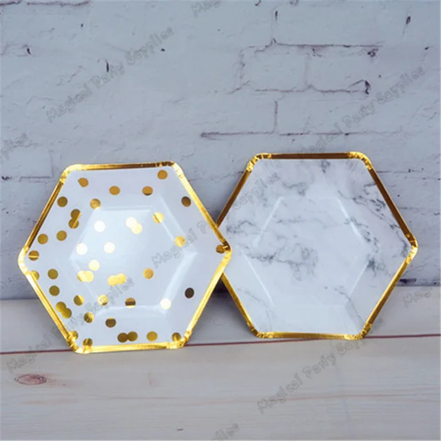 40 шт. золотые шестиугольные вечерние тарелки фольга роза в горошек цветочные