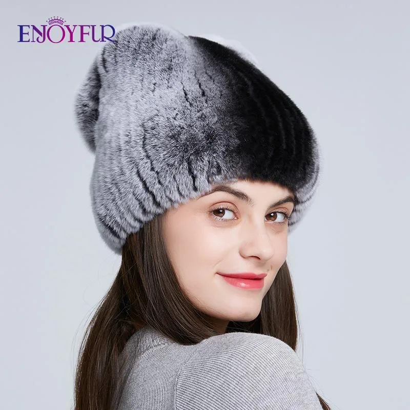 ENJOYFUR Winter Fur Hats For Women Real Rex Rabbit Fur Beanie Cap with Bow-knot Thick Warm Fur Caps For Girls