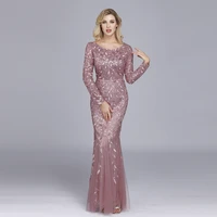 2021 jinzuo plus size evening dresses mermaid o neck full sleeve lace appliques vestidos elegantes party dress long