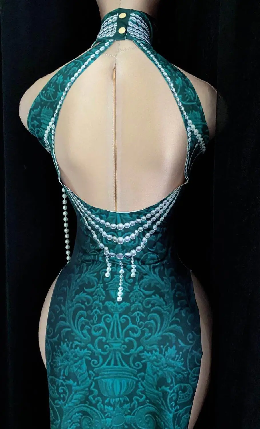 

Vintage Cheongsam Stage Wear Print Green Beading Sleeveless Slit Long Dress Sexy Nightclub Bar Singer Performance Dance Costume