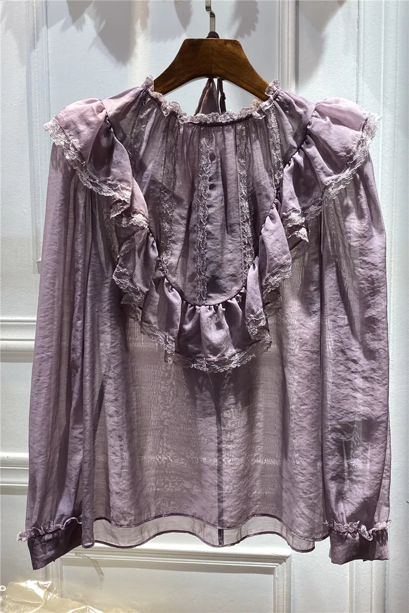 

Aristocratic palacepure color silk cotton shirt female brim minus age round neck long sleeve ruffles two-piece blouse