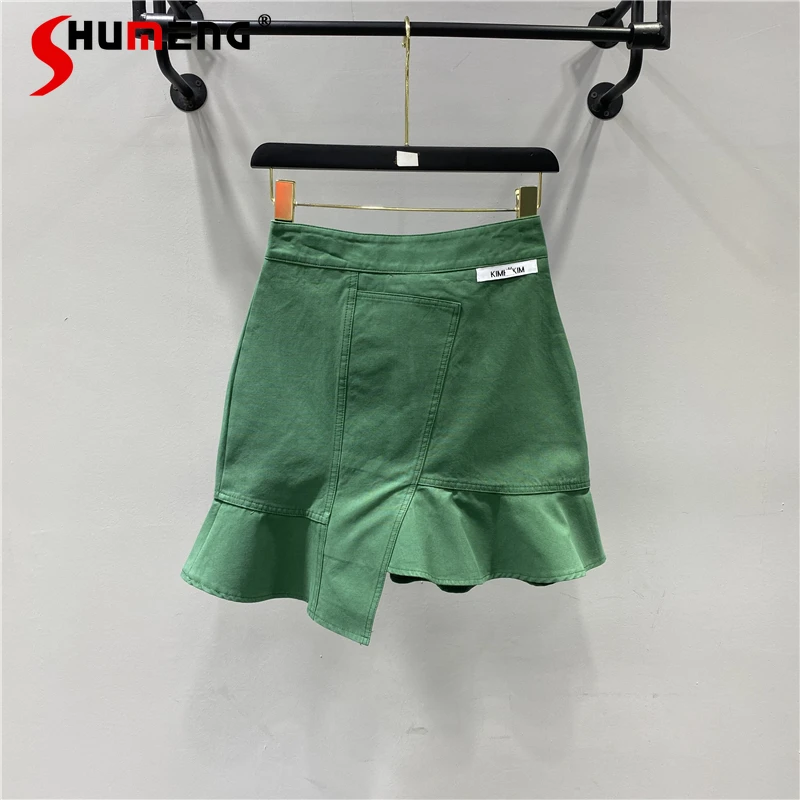 

Женская джинсовая юбка выше колена, облегающая трапециевидная юбка-годе зеленого цвета с завышенной талией, в Корейском стиле, лето 2021