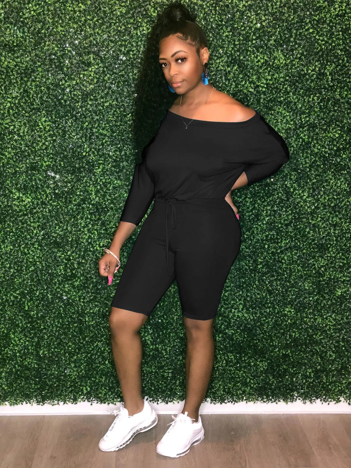 

Women Black Jumpsuit Off Shoulder Three Quater Sleeves Knee Length Sashes Elastic Clubwear Night African Female Fashion Playsuit