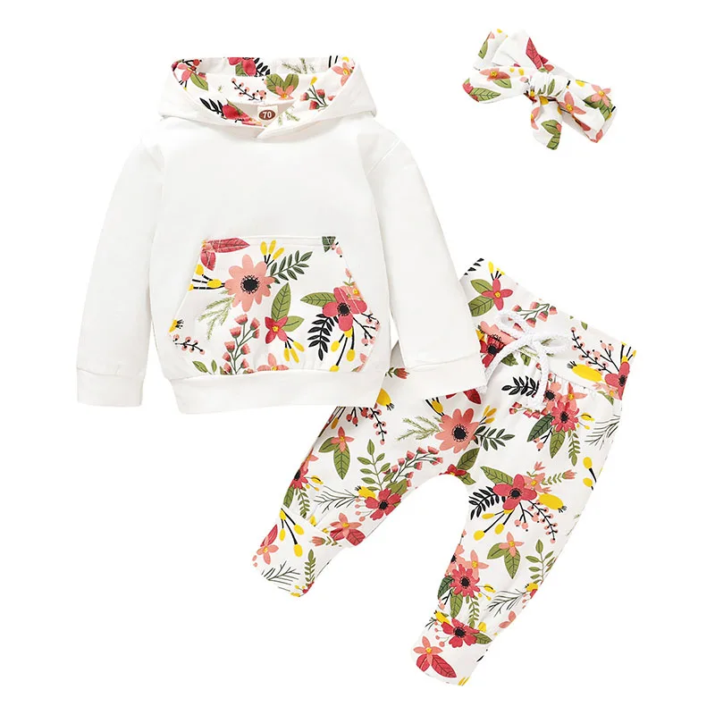 Floral Print Baby Clothing Set Spring Autumn Baby Toddler Children Girls Clothes Long-sleeve Hoodie Pants and Headband Set