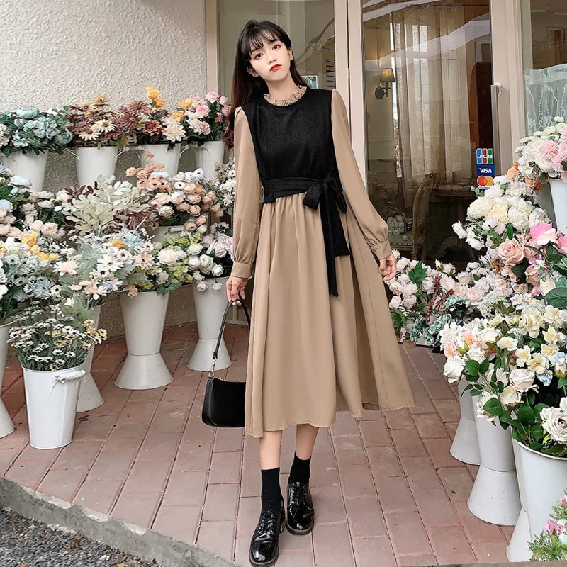 

Retro Dress Women's Autumn and Winter 2021 New Fake Two Pieces of Hyuna Style Thin French Waist Mid-length Skirt