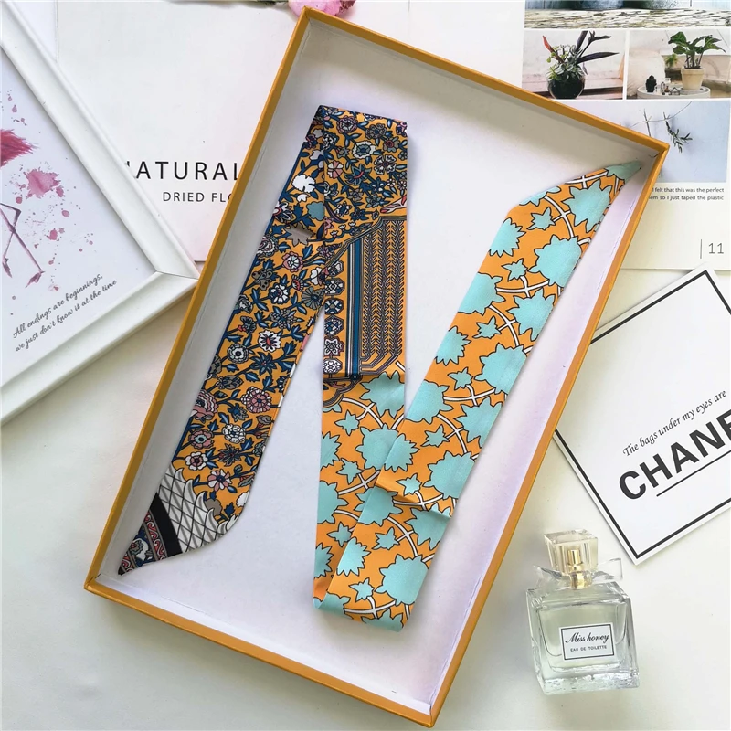 

Women Luxury Brand Sharp-angled Silk Scarf Print Long Wraps Scarves Shawl Handkerchief Bag Decor Skinny Scarfs 2021 NEW