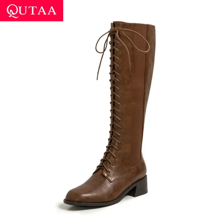 

QUTAA 2021 Round Toe Square Heel Knee High Boots Lace Up Zipper Women Long Boot Autumn Winter Cow Leather Ladies Shoes Size34-39