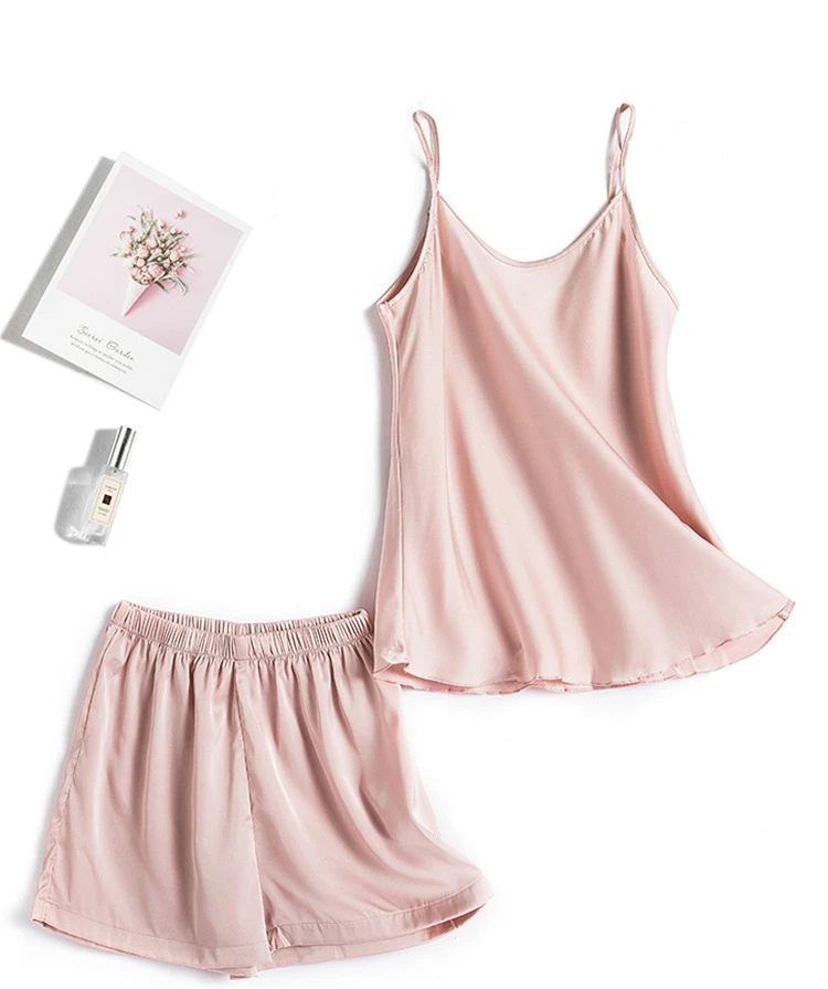 Пижама женская из 2 предметов шелковая однотонная с майкой и шортами | Женская