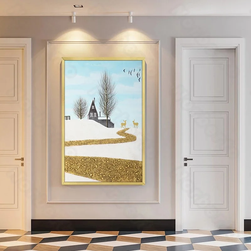 

Modern Style Canvas Painting Posters and Prints Snowfield Golden Horned Deer and Path House and Trees for Home Room Wall Decorat