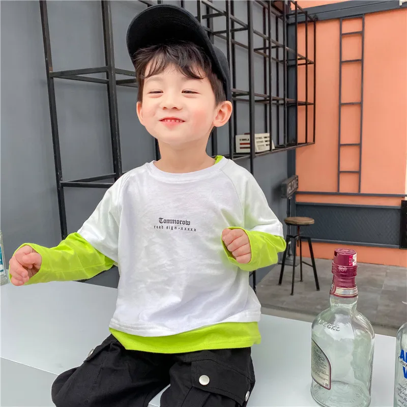 

Toddlers Boys Long Sleeve Tops Fashion Letter Printing Patchwork Fake Two Piece T-shirt For Boy Kids 2-8 Y Children's T-shirts